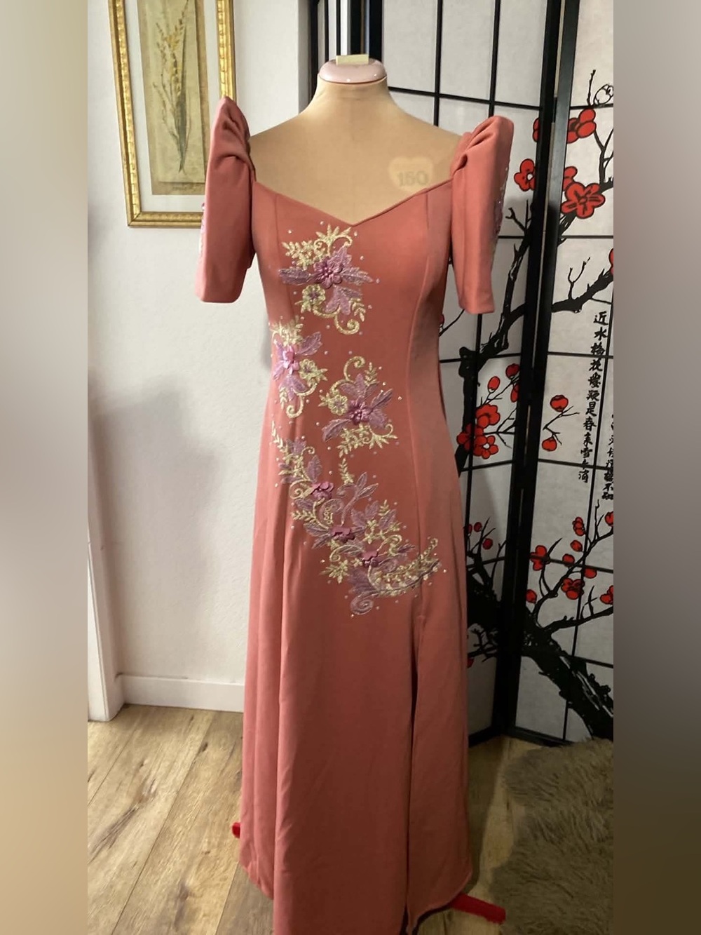 Elegant Filipiniana Pink Embroidered Evening Dress
